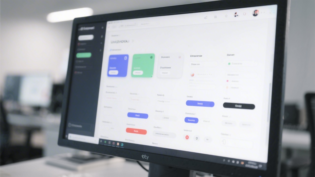 Close-up of UI component library with buttons, cards, and form elements in a consistent design system, displayed on a wide monitor in a modern workspace