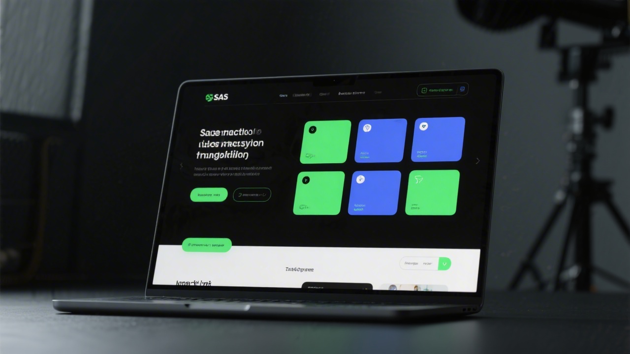 Modern dark themed SaaS website mockup on laptop screen, clean layout with green and blue accents, organized cards and navigation, professional studio environment