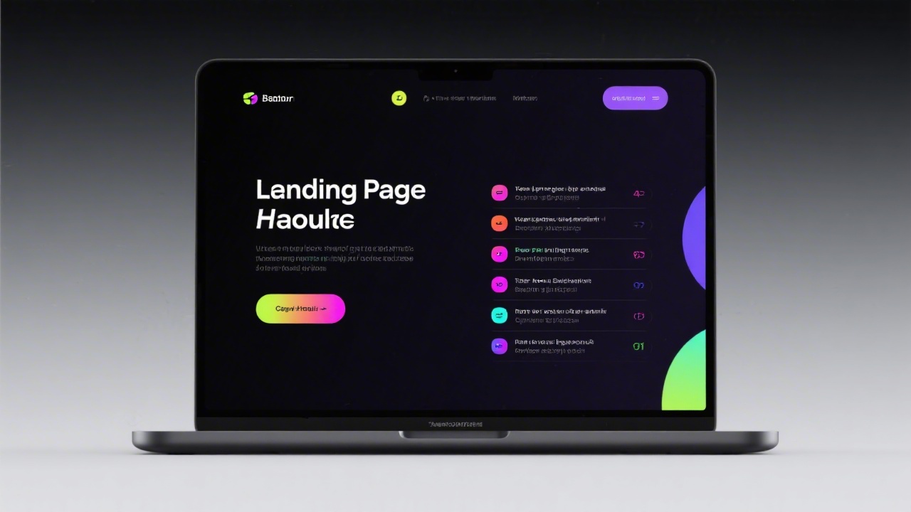 Landing page layout with clear hero section, call to action button and structured benefits list, dark UI with bright accent colors on laptop screen