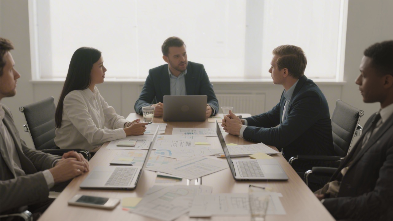 Business meeting table with laptops and design notes, discussing wireframes and UI system, professional collaborative environment with soft lighting
