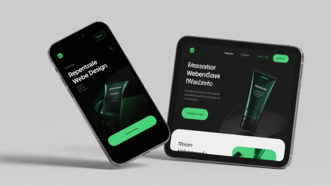 Responsive web design displayed on smartphone and tablet, dark interface with green accents, clean typography and balanced spacing, professional product presentation