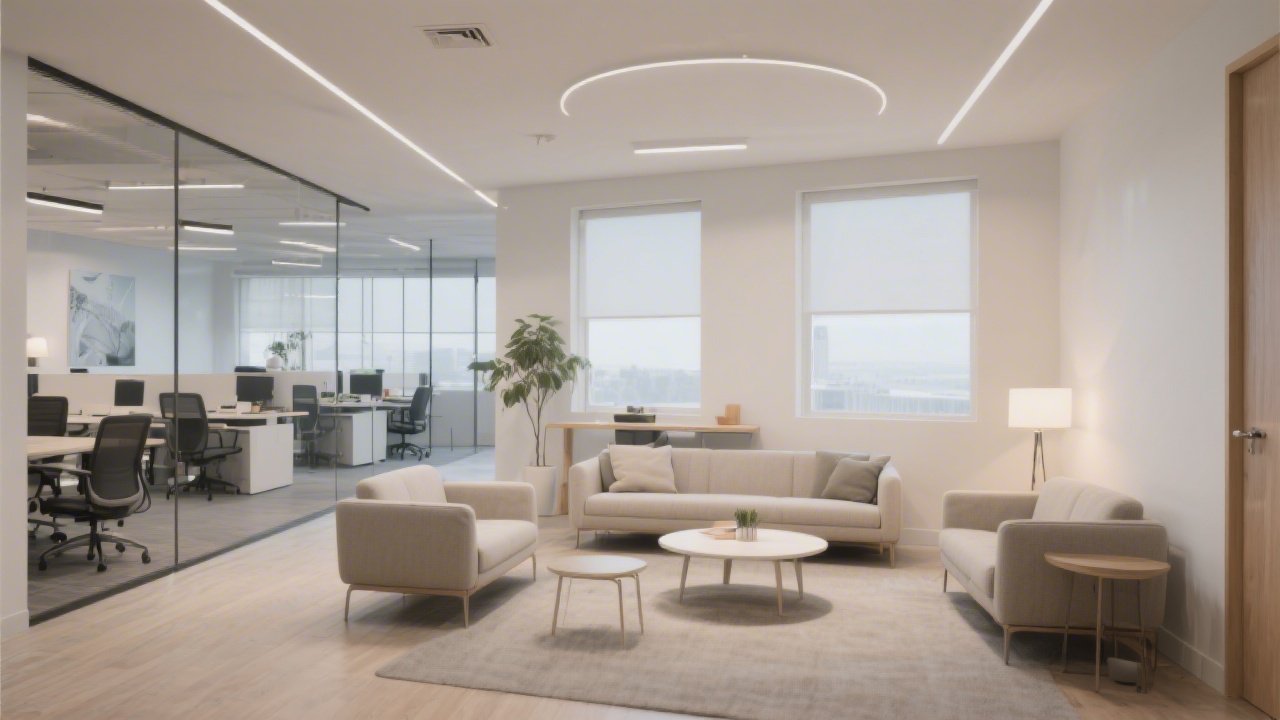 Modern office interior with seating area and minimal decor, soft lighting, and a calm atmosphere suitable for business meetings and creative discussions