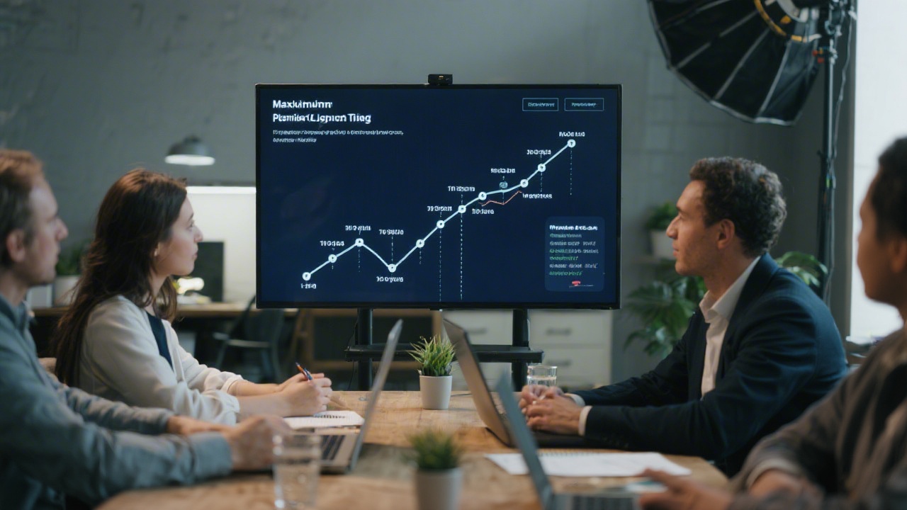 Project planning session with structured roadmap, timeline and milestones on a large screen, minimal office with dark theme and focused atmosphere
